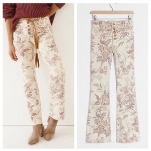 Anthropologie Cream Floral High-Rise Flare Pants
